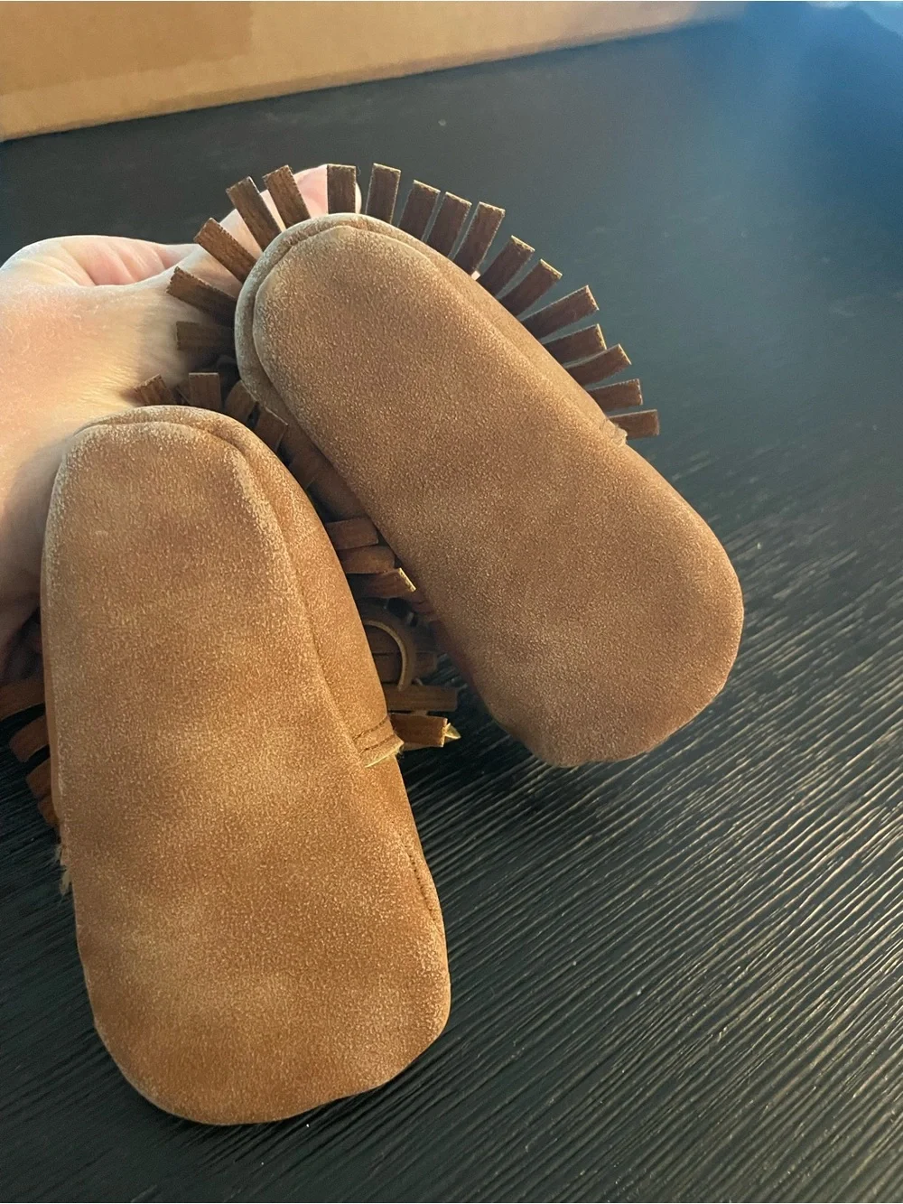 NWOT Brown Suede Fringe Moccasin Booties - Plush Lined